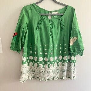 Odd Molly Green Blouse with White Floral Embroidery